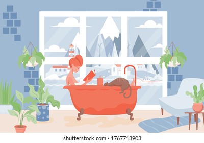 Happy woman takes a bath and reads book vector flat illustration. Modern bathroom interior design. Winter landscape outside window. Relaxation during hygienic or spa procedure concept.