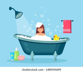 Happy woman taking bath in bathroom with rubber duck. Wash head, hair, body, skin with shampoo, soap, sponge, water. Bathtub full of foam with bubbles. Hygiene, everyday routine, relax. Vector design