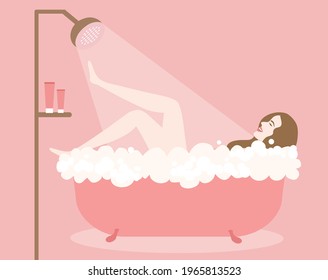 Happy woman taking a bath in bathtub vector illustration. Health care, daily hygiene, relaxing and beauty spa concept