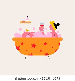 Happy woman taking a bath. Trendy vector illustration.