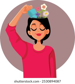 
Happy Woman Taking Care of her Mental Health Vector Illustration. Girl taking care of her mental well-being watering flourishing mind 
