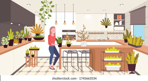 happy woman taking care of houseplants girl enjoying ecology hobby stay home lifestyle kitchen interior horizontal full length vector illustration