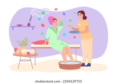 Happy woman taking foot bath in salon vector illustration. Cartoon drawing of candles on tables, incense, foot spa, spa staff offering drink to girl with towel on head. Spa, relaxation concept