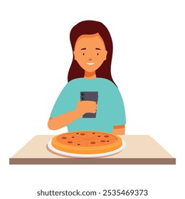 Happy woman taking photo of pizza using smartphone at restaurant table