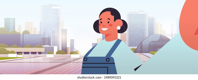 happy woman taking selfie on smartphone camera girl making self photo cityscape background