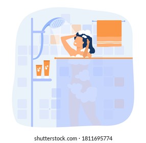 Happy woman taking shower or bath flat vector illustration. Cartoon lady washing her head. bathroom interior and hygiene procedures concept