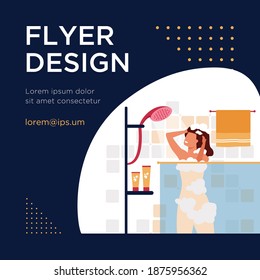 Happy woman taking shower or bath flat vector illustration. Cartoon lady washing her head. bathroom interior and hygiene procedures concept