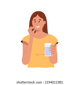 Happy Woman Taking Vitamins, Holding Pill And Glass Of Water. Smiling Girl Drink Dose Of Dietary Supplement, Painkiller Or Antidepressant. Medicine And Drugs Concept. Flat Vector Illustration