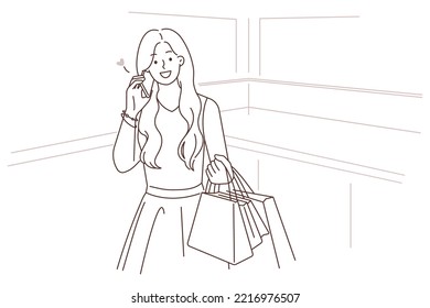 Happy woman talk on cellphone shopping for clothes. Smiling girl with bags in hands doing purchases chatting on mobile. Vector illustration. 