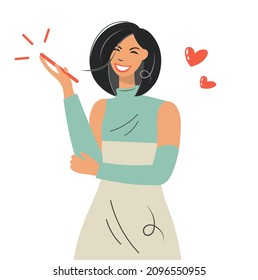 Mujer feliz hablando por teléfono celular. La moderna chica positiva linda con el teléfono tiene una conversación de amor. La idea de comunicación positiva. Ilustración vectorial plana aislada para el Día de San Valentín.