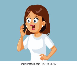 Mujer feliz hablando en la ilustración del vector del teléfono. Señora hablando por teléfono comunicándose en una amistad de larga distancia 
