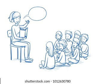 Happy Woman, Teacher, Nurse Or Parent, Reading A Book To A Multi Ethnic Group Of Children. Hand Drawn Line Art Cartoon Vector Illustration.