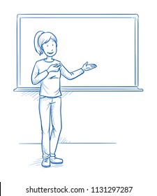 Happy woman, teacher or parent, standing in front of school blackboard and explaining something. Hand drawn line art cartoon vector illustration.