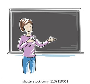 Happy woman, teacher or parent, standing in front of school blackboard and explaining something. Hand drawn line art cartoon vector illustration.