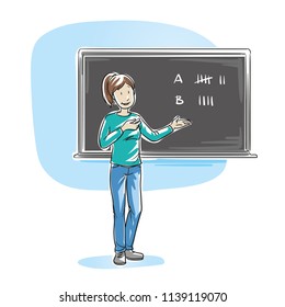 Happy woman, teacher or parent, standing in front of school blackboard and election result. Hand drawn line art cartoon vector illustration.