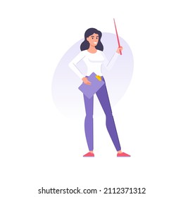 Profesora feliz hablando explicando el seminario de conferencias con puntero y portapapeles de ilustración plana vectorial. Mujeres sonrientes empleadas de oficina que realizan informes de negocios analizando la estrategia de ganancias aisladas