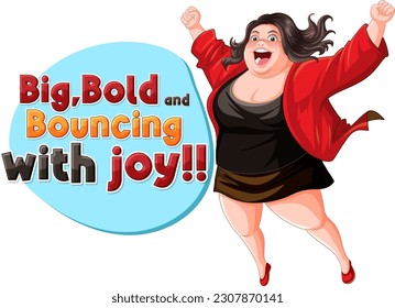 Happy woman with text big bold and bouncing with joy illustration