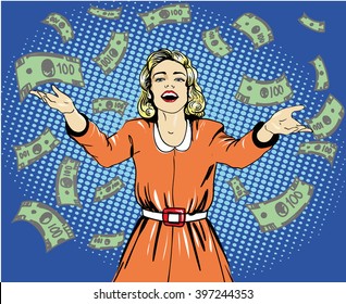 Happy Woman Throw Money. Vector Illustration In Retro Pop Art Style.