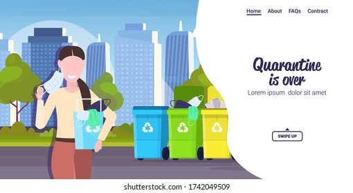 happy woman throwing out face masks coronavirus quarantine is over covid-19 pandemic time finish cityscape background horizontal copy space portrait vector illustration