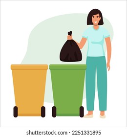 Happy woman throws away trash into green trash bin with recycling symbol. Vector illustration isolated from background