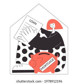 Happy woman in tiny house holding a mortgage loan agreement. Buying own property and paying rates concept isolated vector flat illustration.