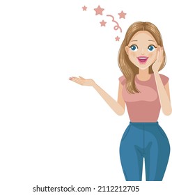 happy woman touched her cheek and make a gesture Invite, feeling surprised. templates presented by people Copy space for text and products.