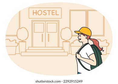 Happy woman tourist with backpack go to hostel for night accommodation. Smiling female traveler walk to hotel entrance. Travel and tourism concept. Flat vector illustration.