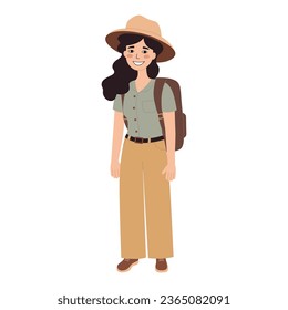 Happy woman tourist with backpack and hat. Traveler, hiker girl. Standing pose. Vector flat illustration isolated on white background
