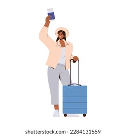 Happy woman tourist character with suitcase waving passport ready for travel and adventure