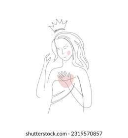 Happy woman in a towel after taking a bath with an imaginary crown. Self care and self love concept. Hand drawn continuous line style vector design illustration