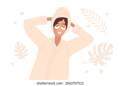 Happy woman with towel on her head wearing bathrobe. Hand drawn beautiful woman with eye patches in relaxing pose. Beauty spa treatment and relax flat vector illustration for skin care concept.