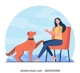 Happy woman training dog and sitting on chair. Canine, friend, retriever flat vector illustration. Domestic animals and pets concept for banner, website design or landing web page