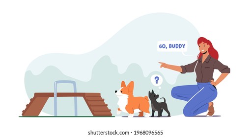 Happy Woman Training Dogs in City Park Outdoor Area, Girl Playing with Puppies. Female Character Spend Time Care of Domestic Animals, Friendship, Active Lifestyle, Leisure. Cartoon Vector Illustration