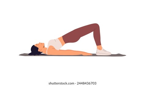 Glückliche Frau, die Yoga auf der Matte trainiert, für gesunde Beckenmuskeln trainiert. Mädchen macht Kegel-Übung, Bridge-Pose liegt auf dem Boden, Becken ist asana aufgerichtet. Vektorillustration isoliert auf weißem Hintergrund