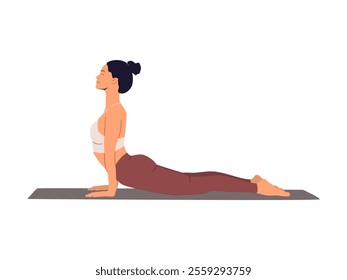 Happy woman training yoga on mat, workout for healthy spine muscles. Girl doing cobra pose, upward facing dog on the floor. Vector illustration isolated on white background