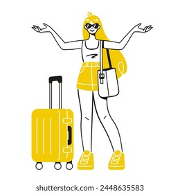 Happy woman with travel bags, suitcases for vacation trip. Girl in sunglasses
