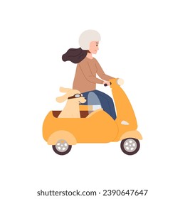 Mujer feliz viajando en moto con perro. Disfrutando de las vacaciones con animales de compañía. Dibujo vectorial de un cachorro de aventura y un dueño aislado en blanco. Diviértete juntos