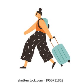 Happy woman traveling with suitcase and backpack. Tourist pulling her luggage. Passenger walking with baggage. Colored flat vector illustration of traveler with bags isolated on white