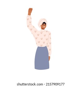 Happy woman in turban with fist raised up. Strong female and solidarity with girls power, rights. Muslim feminist in chemo supporting justice. Flat vector illustration isolated on white background