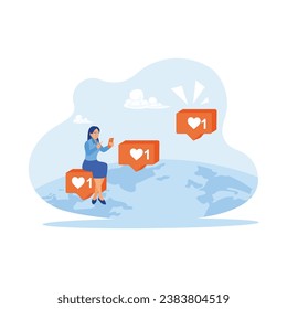 Happy woman typing instagram telegram on mobile phone. A woman is sitting on a block depicting a heart symbol on a world map. Web design concept. trend modern vector flat illustration