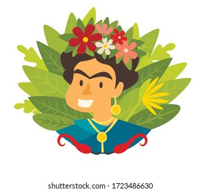 Happy Woman With Unibrow Vector Illustration. Beautiful Woman Artist With Flowers Wreath On Head. Colorful Drawings Mexican Woman Isolation On White Background