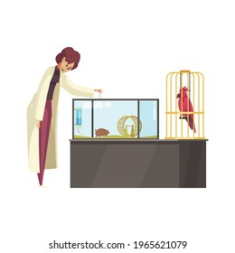 Happy woman in uniform feeding pets guinea pig and parrot cartoon vector illustration