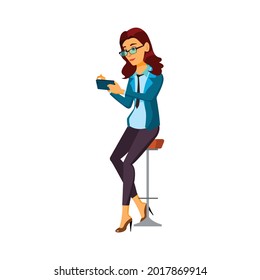 happy woman use smartphone in bar cartoon vector. happy woman use smartphone in bar character. isolated flat cartoon illustration