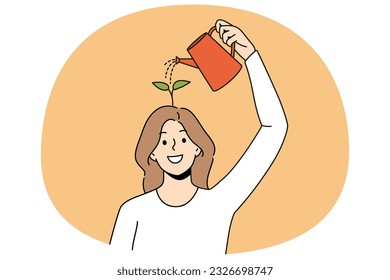 Happy woman use water can watering seedling in brain improving creativity thinking. Smiling girl involved in self-improvement process. Mindset and mental growth. Vector illustration.