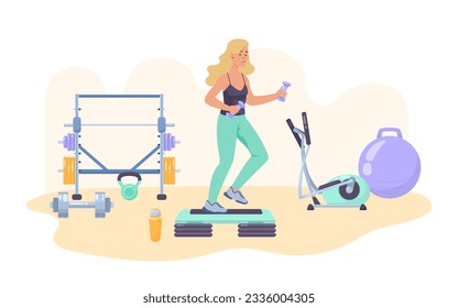 Happy woman using different equipment in gym vector illustration. Cartoon drawing of workout with dumbbells, exercise bike, ball, kettlebell, barbell. Sports, fitness, healthy lifestyle concept