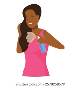 Happy woman using fragrance deodorant for body care, morning routine, hygiene and freshness