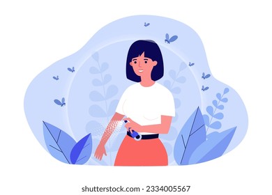 Happy woman using spray against mosquitoes vector illustration. Cartoon drawing of girl with super repellent against incest bites. Skin care, health, protection, insects concept