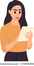 Mujer feliz que usa el dispositivo de la tableta