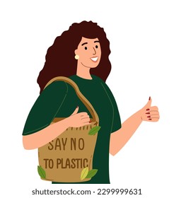 Happy Woman using Textile environmentally friendly reusable shopping bag or eco shopper with lettering Say No To Plastic Bags handwritten with modern funky font on it.Flat vector illustration isolated