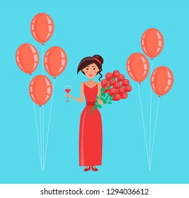 Happy woman vector, lady holding balloons, rose bouquet and wine glass. Flowers given to female, celebration of holiday, person wearing red dress